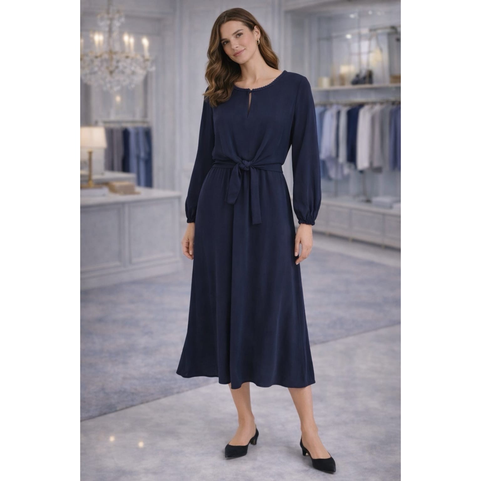 Kobi Halperin 100% Silk Midi Dress Women's Size Xl Faux Wrap Knotted Navy Kf9d26